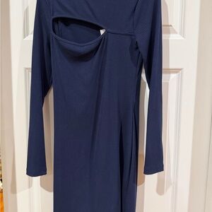 Socialite Navy Long-Sleeve Ribbed Cutout Midi Dress